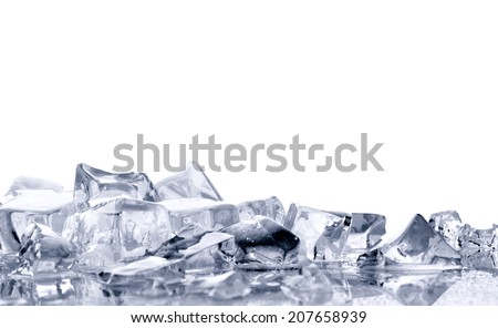 pile of  bright ice cubes on reflection surface on  white background