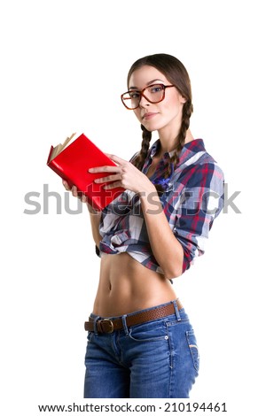 beautiful teens girl  in big glasses, casual clothes and naked belly holding red book and look at camera on white background