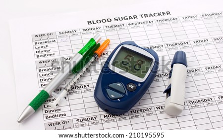 glucometer, diabetes syringe, pen and medical form on white background
