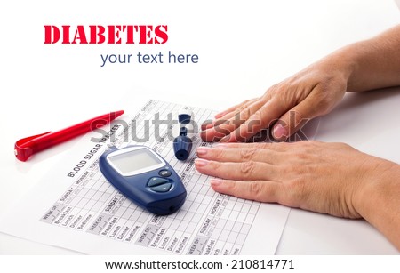 diabetic concept -  elderly woman\'s hands, glucometer, medicine form and pen on white background with place for your text