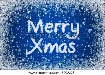 Christmas Blue Background with Merry Xmas Text in Snow Writing