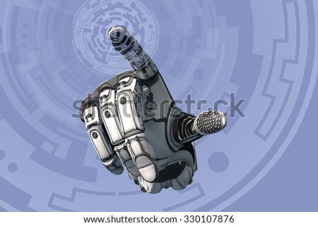 Artificial Robotic Hand working on abstract circle holographic interface. Future technology as design concept. Finger touching virtual screen