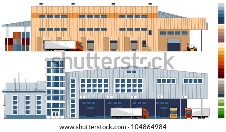 Cartoon Warehouses. Series Of The Cartoon Buildings In Vector