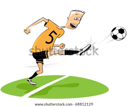 Football (soccer) player kicking the ball excitedly on the football ground.