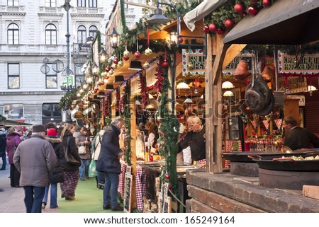 BUDAPEST - DECEMBER 27. : Christmas fair stands on the Vorosmarty square on December 27. , 2013. in Budapest.