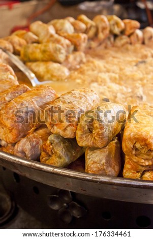 Stuffed cabbage leaf, traditional hungarian food at a christmas fair