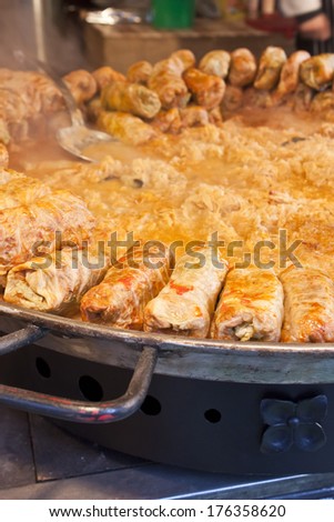 Stuffed cabbage leaf, traditional hungarian food at a christmas fair