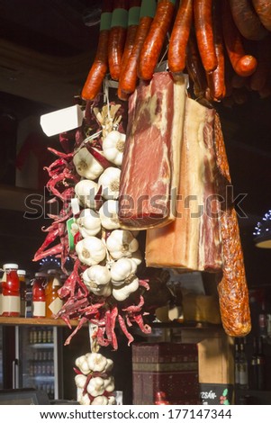Smoked pork meat; traditional Hungarian foods at a christmas fair