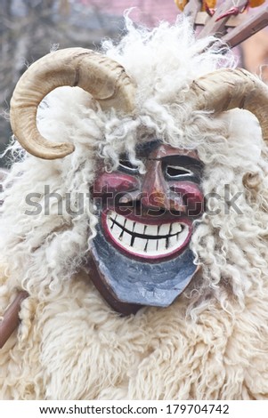 MOHACS, HUNGARY - MARCH 2.: Man in mask and costume at the \'Busojaras\', the carnival of funeral the winter on March 2., 2014. in Mohacs, Hungary.