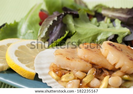 Sliced seared sea scallops on a bed of candied green onions with salad greens and lemon slices