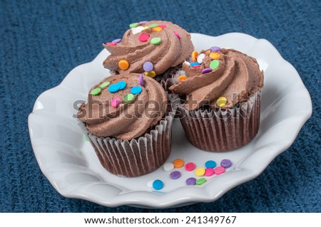 Chocolate mini cupcakes topped with icing and colorful sprinkles on a plate against a blue fabric background