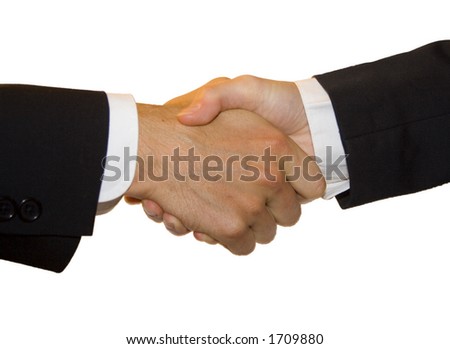 A man and woman shake hands behind a solid white background.  Perfect to integrate into any design.