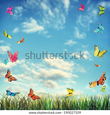 Bright summer background with butterflies and grass against blue sky