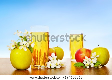 Two glasses of fresh apple juice with ripe apples against blue sky