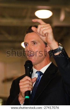 SAN CARLOS, CA - JAN 13: Gavin Newsom gestures at a town hall meeting January 13, 2009,  in San Carlos, CA.  He is considering a run for Governor.
