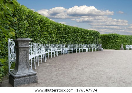item Park with smoothly trimmed bushes and benches set in a semicircle
