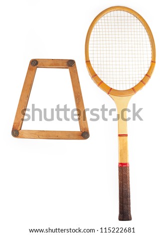 retro tennis racket and its wooden case  isolated on white