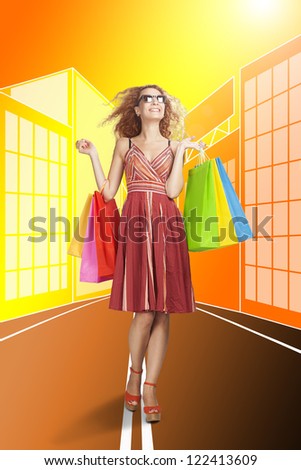 shopping concept with a beautiful young lady carrying colorful shopping bags on drawing background