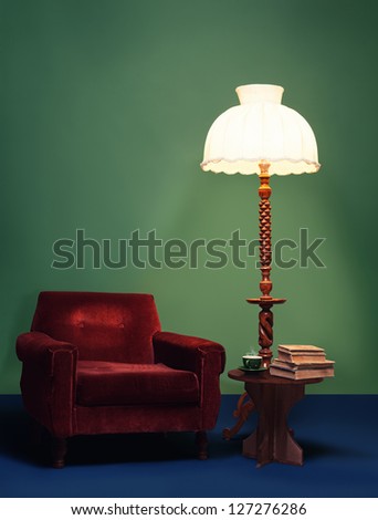 retro interior home decoration with vibrant colors and antique furniture