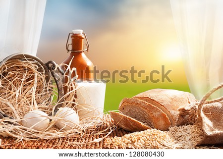 organic breakfast concept with fresh eggs,milk and bread in front of a open window with a beautiful landscape at background