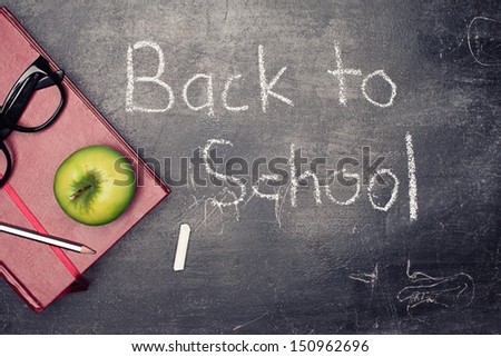 back to school concept with various staff on blackboard background