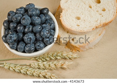 Bowl of fresh blueberries with slices of bread for a person to eat for breakfast to stay healthy