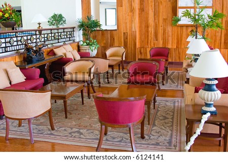 Luxury resort hotel lobby, lounge, waiting area, and conference center