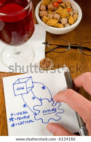 Ideas, charts, innovation on a cocktail napkin in a bar with wine and snacks