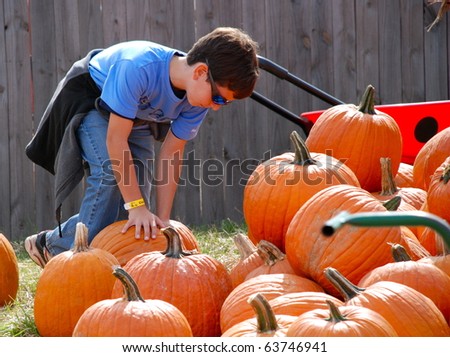 A boy picking out his pumpkin for halloween.