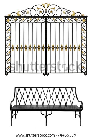 Black forged gate with gold flowers and old bench isolated on white background