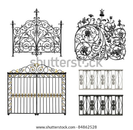Collection of black forged gates and forged decorative lattice with flowers isolated on white background