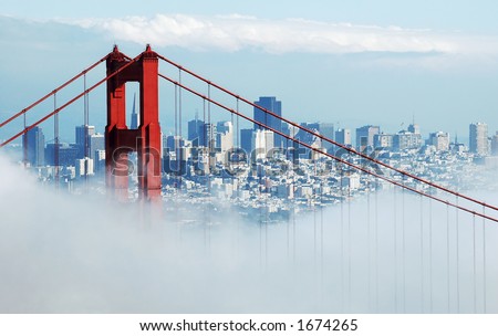 Golden Gate Bridge and San Francisco from the Marin Headlands on a foggy day.