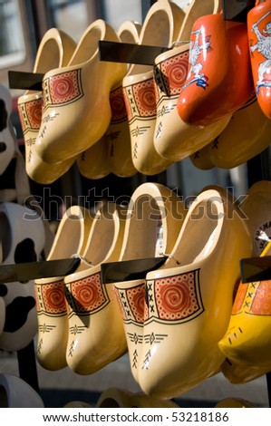 Traditional Dutch Wooden clogs, for sale as tourist souvenirs at a market in Amsterdam.