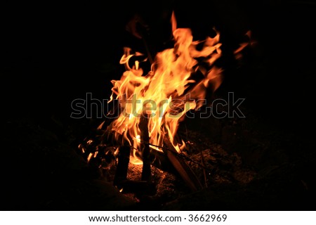 A campfire at night on a black background