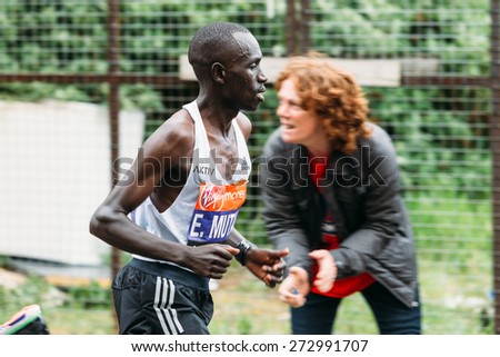 LONDON - APRIL 26: Elite men Emanuel Mutai runs the Virgin Money London Marathon on April 26, 2015 in Isle of Dogs, London, England, UK.