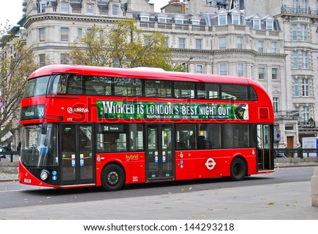 LONDON - APRIL 6: The much heralded hybrid \'New Bus For London\' is now in service on route 38. It is 50% more fuel efficient than existing diesel buses. April 6, 2013 in London.