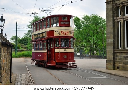 CRICH, ENGLAND - JUNE 5. The National Tramway Museum features historic tramcars from Leeds and Blackpool on June 5, 2014, Crich, England.