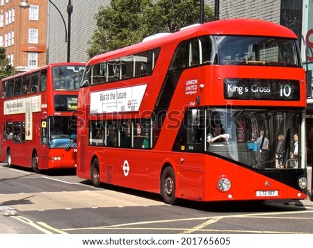 LONDON - JUNE 26. The hybrid \'New Bus For London\' is now in service on several London bus routes. It is 50% more fuel efficient than existing diesel buses. June 26 2014 in London.