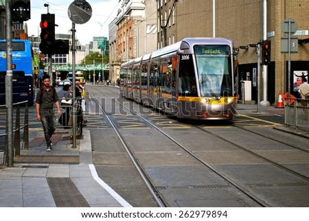 DUBLIN, EIRE - MARCH 23. The new Dublin tram system is a fast and reliable modern transport system linking central city shopping Henry Street and Grafton Street. March 23, 2015 in Dublin, Eire.