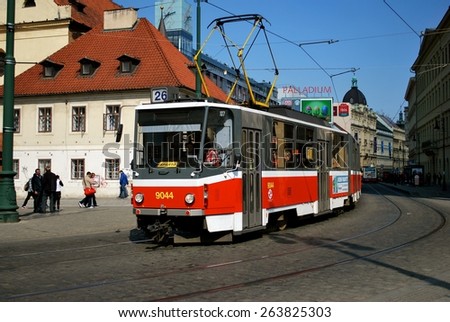 PRQGUE, CZECHOSLOVAKIA - MARCH 23. The  tram system is a fast and reliable transport system linking city shopping with business and residential districts. March 23, 2014 in Prague, Czechoslovakia.