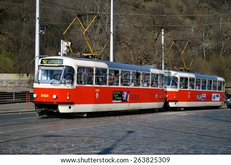 PRQGUE, CZECHOSLOVAKIA - MARCH 23. The  tram system is a fast and reliable transport system linking city shopping with business and residential districts. March 23, 2014 in Prague, Czechoslovakia.