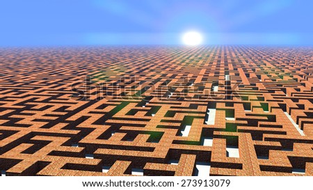 Labyrinth at dawn. Abstract concept of hard way to success.