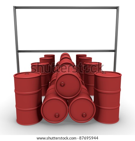 Abstract 3d-illustration: red barrels with blank billboard