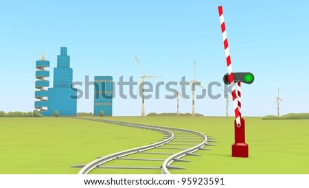 barrier opened the railway, buildings and wind-turbines