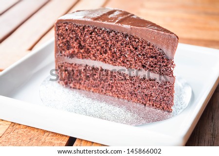 Chocolate chiffon cake serving on white dish