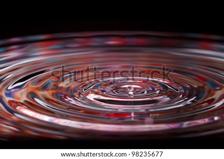 Round droplets of water, over water with colorful reflections.