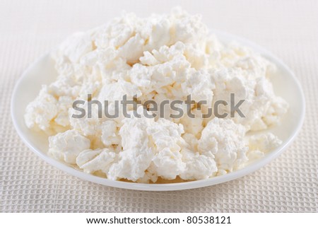 Fresh cottage cheese on the white plate