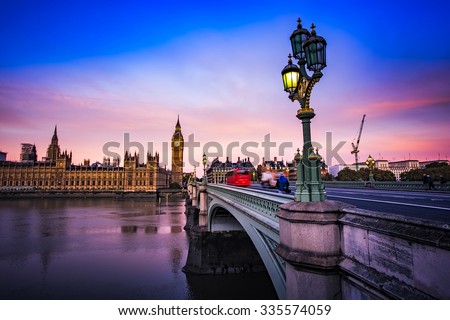 Big Ben and Westminster Bridge at dusk, London, UK