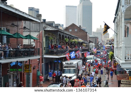 NEW ORLEANS - MARCH 30: Bourbon Street flooded with Final Four fans on March 30, 2012 in New Orleans, LA. The final game of the tournament was held March 31, 2012.