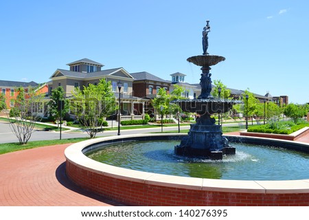Community Fountain in a Brand New Suburban American New England Style Dream Home Neighborhood